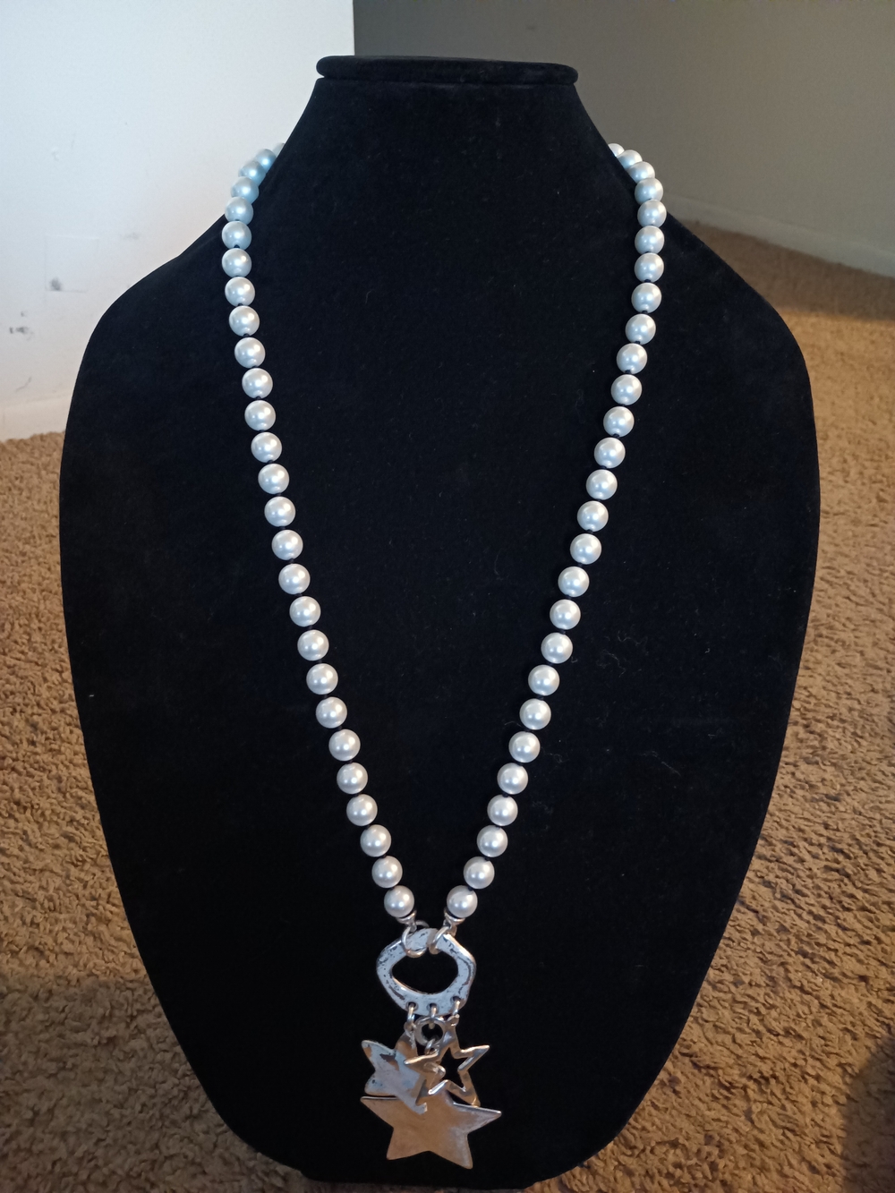 Pearl Bead Necklace with Silver Star Charms